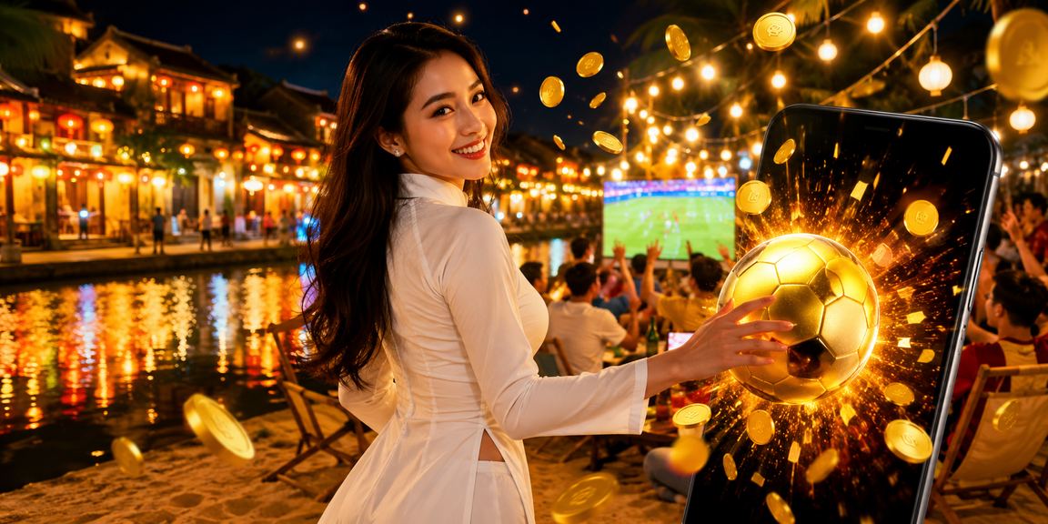 Người phụ nữ mặc áo dài tại Hội An xem thông tin cá cược bóng đá trên điện thoại bên đèn lồng truyền thống